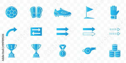 Soccer and Football Icons Vector Set. Sport Equipment, Awards, Arrows UI UX Elements. Ball, Cleats, Trophy, Whistle, Gloves, Shin Guards Collection