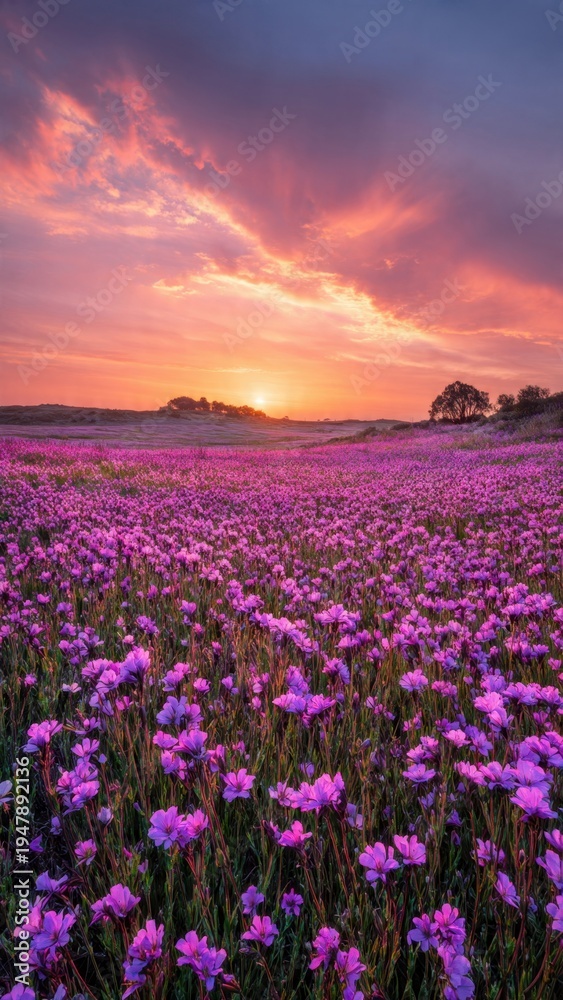 Obraz premium Purple Flowers Field at Sunset