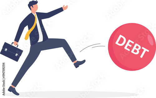 Businessman kicking a red DEBT ball representing efforts to get rid of financial burdens and liabilities