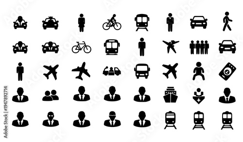 Simple black silhouette people and transportation vehicle icons flat vector pictogram collection isolated on white