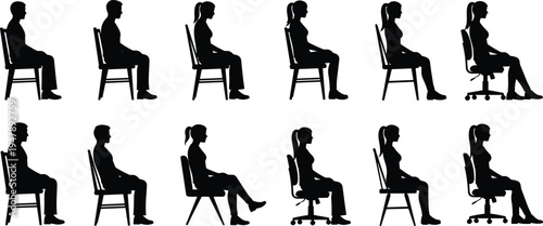 Black silhouette collection of men and women sitting on different chairs with various postures showing good and bad ergonomics, office habits, and body language
