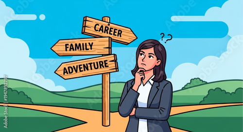 Woman Thinking at Crossroads.