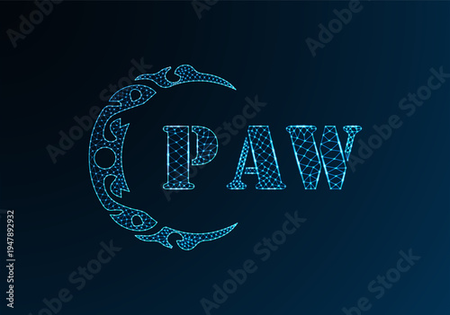 Low poly letter logo PAW design. PAW letter logo low poly vector design on blue color gradient background. PAW logo low poly design