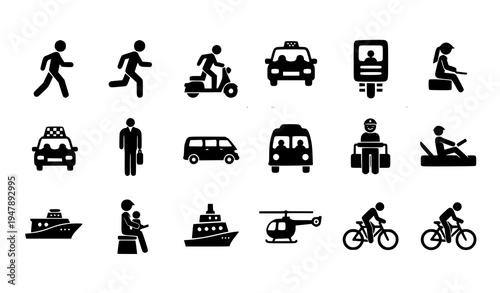 Human activity and transportation vehicle silhouette icon pack simple black pictogram grid vector set