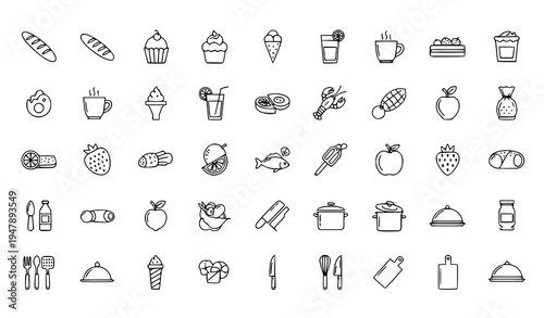 Restaurant food and drink outline icons bakery desserts beverages seafood fruits kitchen vector line set