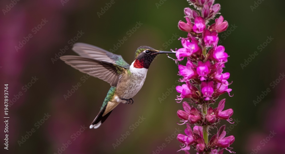 Fototapeta premium Delighted male broad tailed hummingbird mid air feeding on bright penstemon blossoms