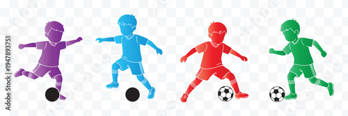 Colorful Kids Soccer Players Vector Set. Boys Playing Football Illustration. Diverse Child Silhouettes for Sport Activity Design.