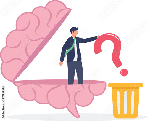 Professional man standing inside an open human brain looking at a red question mark for psychology research