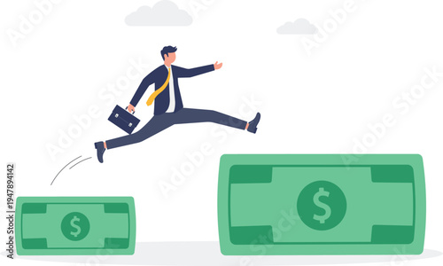 Businessman jumping over stacks of green cash representing rapid financial success and wealth accumulation