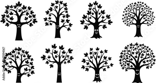 Anthropomorphic maple tree silhouettes, creative face trunks, whimsical forest characters, fantasy botanical art, decorative nature icons, abstract foliage patterns, playful vector illustration set