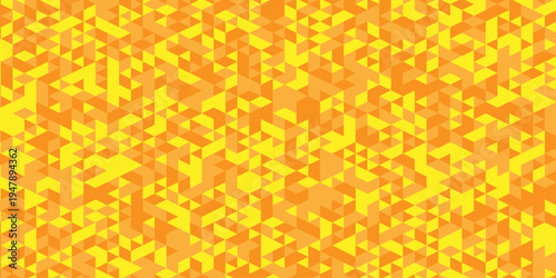Abstract geometric wall tile and metal cube background triangle wallpaper. Seamless geometric pattern low polygon backdrop background. Orange and yellow diamond overlap polygonal background.