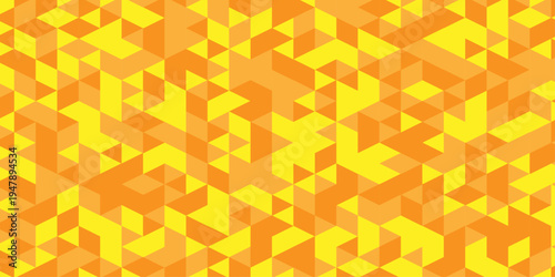 Abstract geometric wall tile and metal cube background triangle wallpaper. Seamless geometric pattern low polygon backdrop background. Orange and yellow diamond overlap polygonal background.