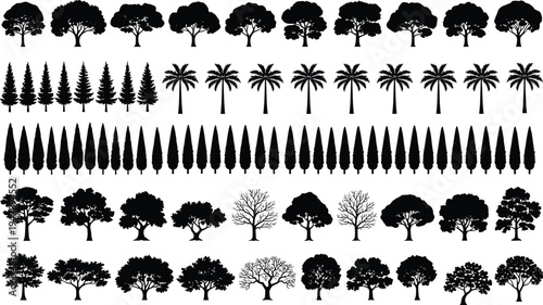 Black tree silhouettes set including palm trees pines deciduous and cypress isolated on white background for landscape design architectural rendering and nature vector illustration