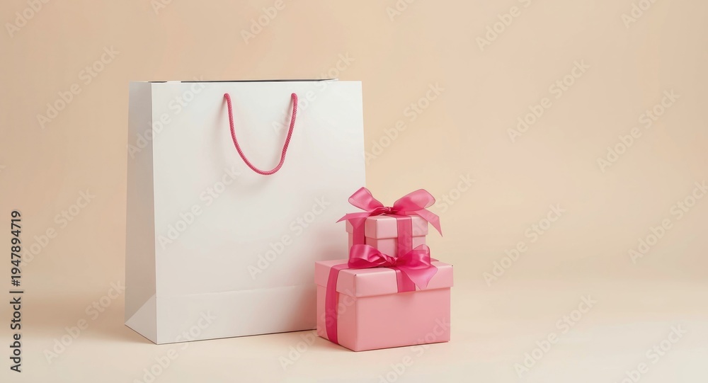 Obraz premium Elegant white shopping bag with pink ribbon and trio of pink presents arranged on a soft toned backdrop