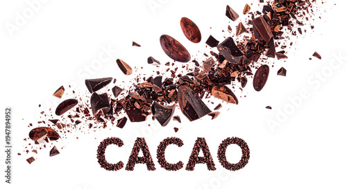 Dark crunchy cacao nibs fall in a steady stream with the word cacao at the bottom