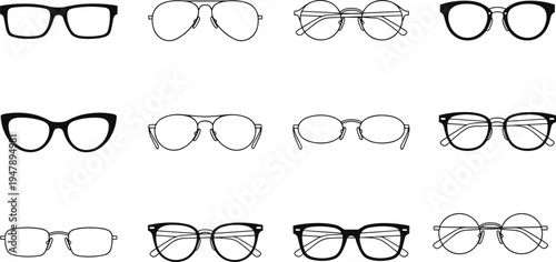 Set of black and white eyeglass frame icons including aviator, cat-eye, round, and square styles for optical fashion design, vision care, and eyewear collection.