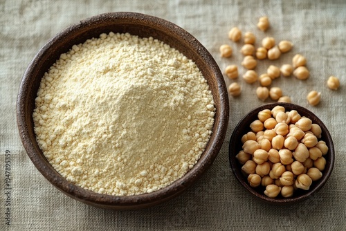 Wholesome rustic scene of a wooden bowl of pale chickpea flour and a small bowl of whole chickpeas on textured linen