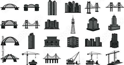 Architecture and construction silhouettes, bridges skyscrapers cranes bulldozers excavators towers, structural engineering illustration set for urban planning and building design