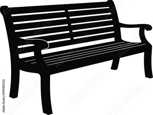 Black silhouette of a slatted park bench with curved armrests white