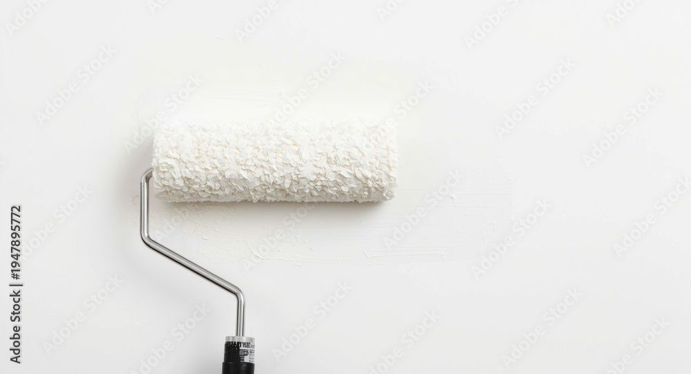 Obraz premium Detail view of a paint roller spreading white paint evenly on an interior wall