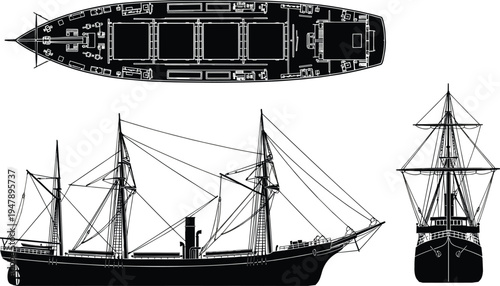 Vintage Steamship Silhouette Vector Illustration Featuring Top Side and Front Views of a Classic Nineteenth Century Three Masted Schooner Rigged Cargo Vessel
