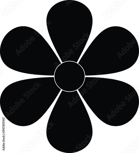 Black six petal flower with white circle center on white background