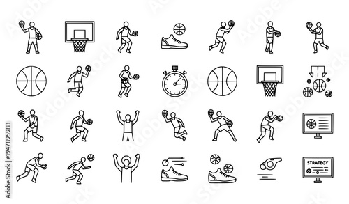 Linear basketball player icons and sport equipment outline symbols vector set isolated on white