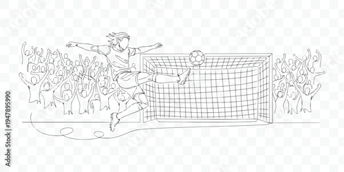 Dynamic Soccer Goal Continuous Line Art Player Kicks Ball, Cheering Fans Celebrate Victory Hand Drawn Sports Illustration