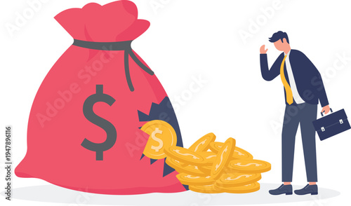 Businessman falling as money spills from a large bag representing heavy financial loss and crisis