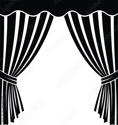 Black stage curtains pulled open on white background theatre opera performance