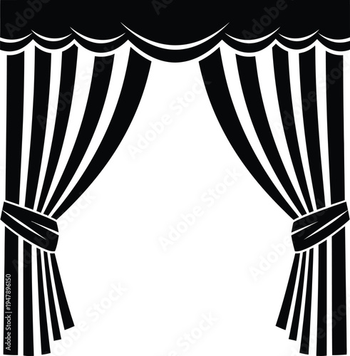 Black stage curtains tied back with fabric bands on a white background theater performance opening