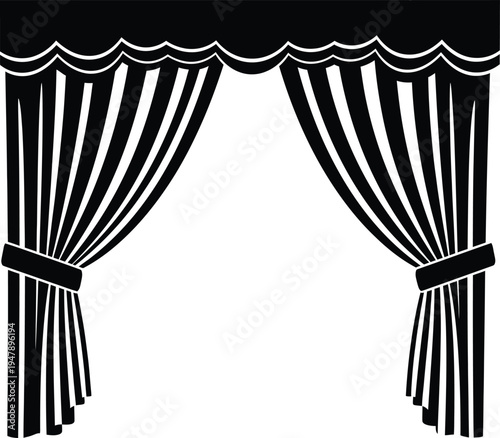 Black stage curtains parted with white background theater performance opening