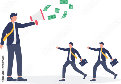 Businessman using a megaphone to shout at employees as money spills from a bag representing budget cuts