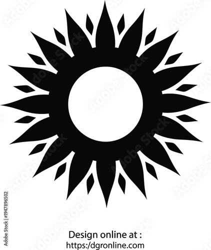 Black sun symbol with pointed rays and inner circle on white background solar