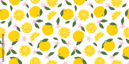 Seamless pattern with hand drawn yuzu citrus, orange slices, green leaves, and pink flowers on transparent background. 