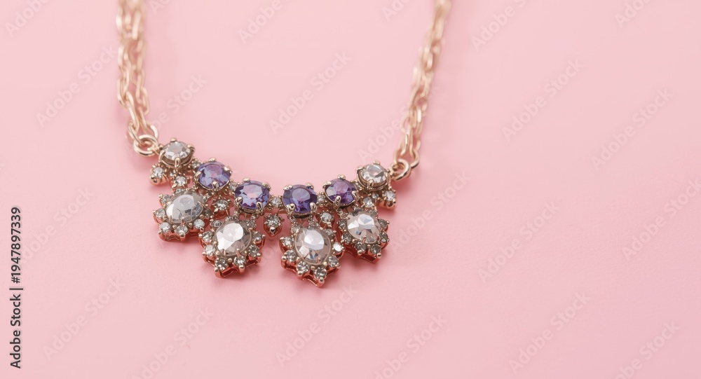Obraz premium Close up of handmade gemstone necklace on pink surface featuring copy space
