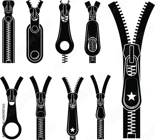 Collection of black zipper with various pull tab and open teeth white clothing fastener