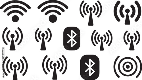 Various wireless and bluetooth on white background symbols technology communication