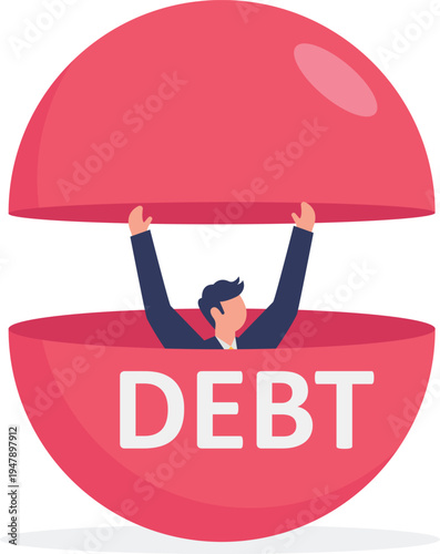 Professional man stuck inside a red DEBT ball trying to break free from financial burden