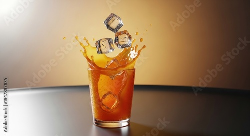 A glass of orange juice with ice cubes splashing out, set against a neutral background.