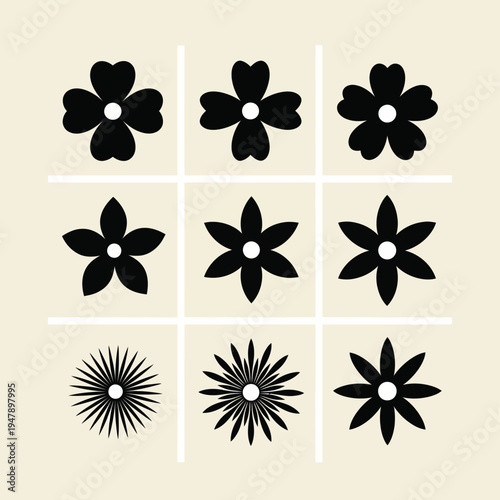 Nine black flower arranged in a tic tac toe grid on a beige background flower black flower floral nature