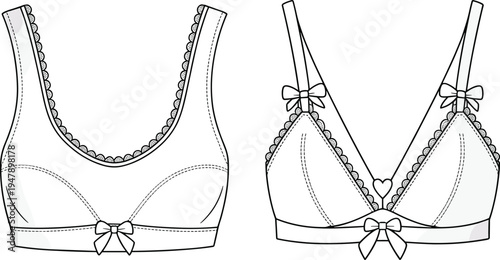 Black and white lingerie bra fashion illustration, technical flat sketch, scalloped trim, bows, heart detail, stylish underwear design drawing vector
