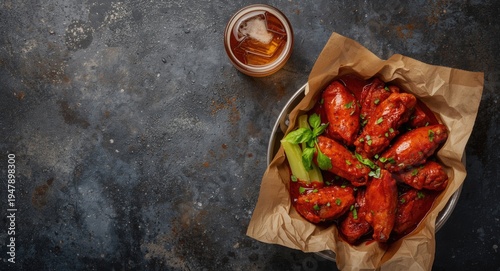 Birds eye angle of spicy chicken wings and beer featuring copy space for text
