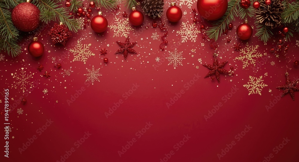 Obraz premium Christmas decorative setup on deep red backdrop designed with copy space