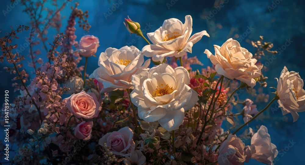 Naklejka premium Mystical floral backdrop showcasing fabulous fairy tale Eustoma and roses in moonlight