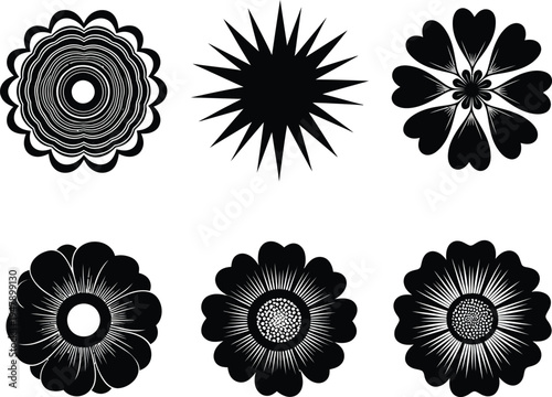 Six black floral and abstract circular shapes on white background