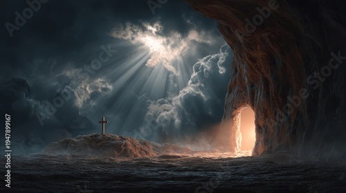 Empty tomb and cross with divine light from clouds