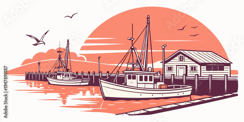 A boat is docked at a pier during sunset Vector