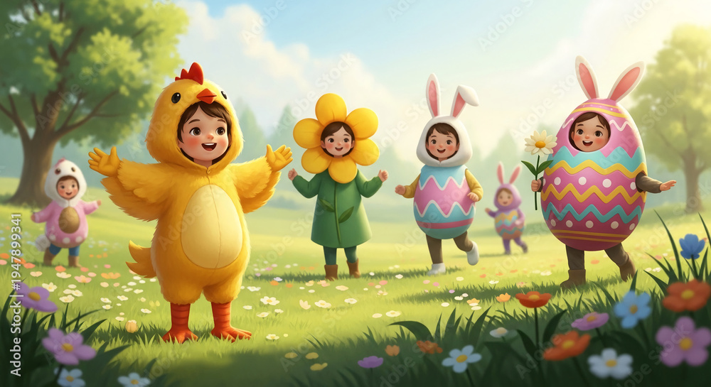 Fototapeta premium A group of children dressed in Easter costumes in a field, representing joy and celebration of the holiday, perfect for festive designs and spring promotions