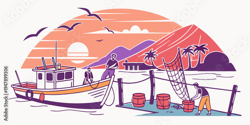 A colorful beach hut and boat at sunset Vector